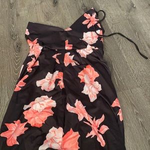 Strapped black long dress with red white and pink flowers v neck